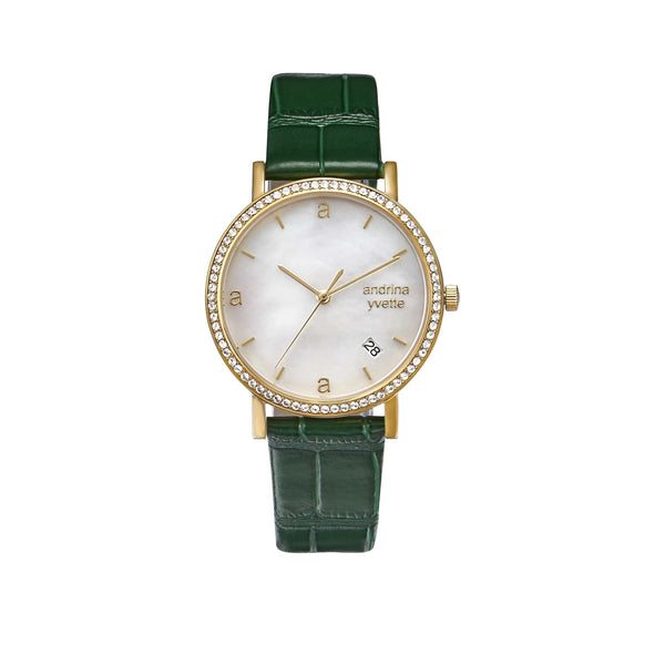 Mother of Pearl gold case on an emerald green genuine leather strap