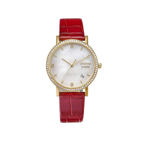 Mother of Pearl gold case on a ruby red genuine leather strap