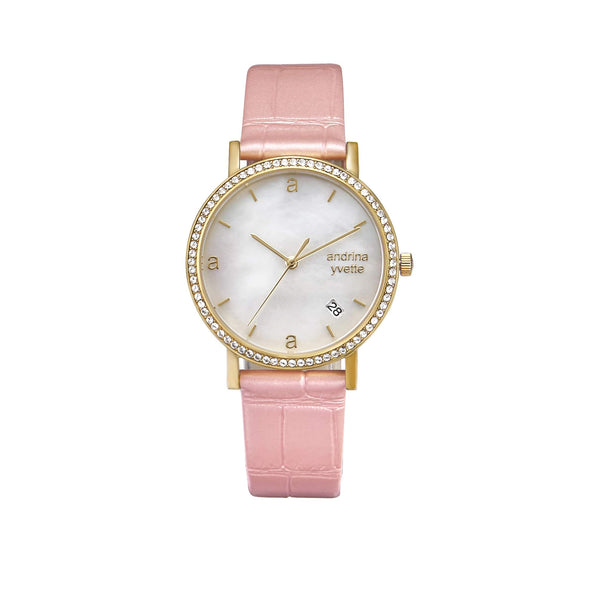Mother of Pearl gold case on a baby pink genuine leather strap