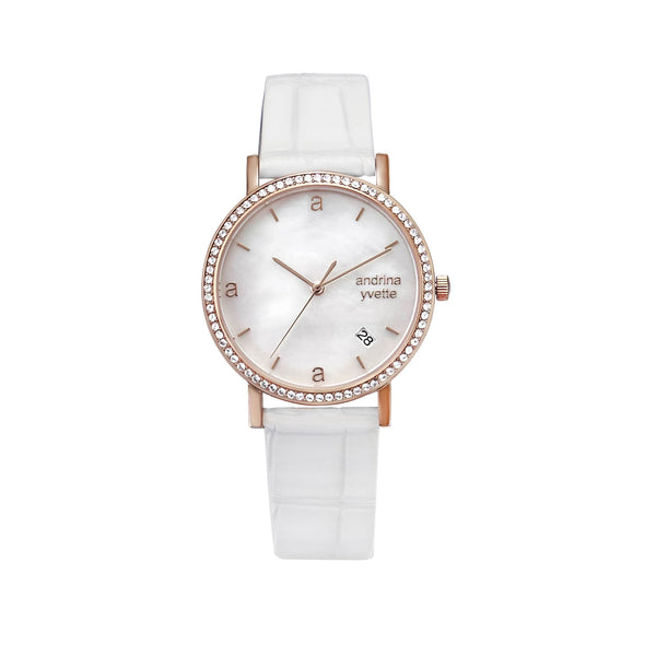 Mother of Pearl rose gold case on an ivory white genuine leather strap