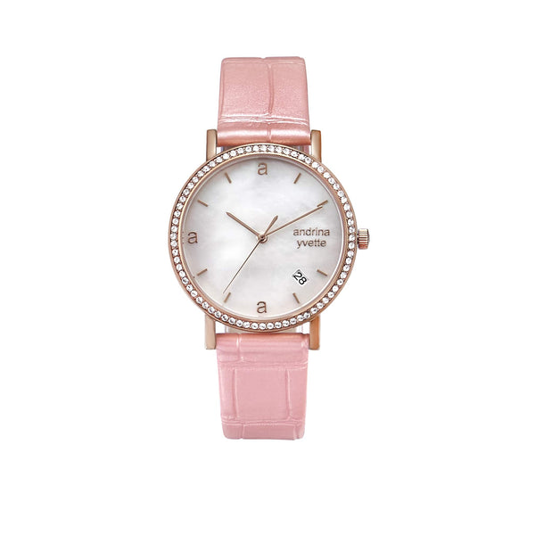Mother of Pearl rose gold case on a baby pink genuine leather strap