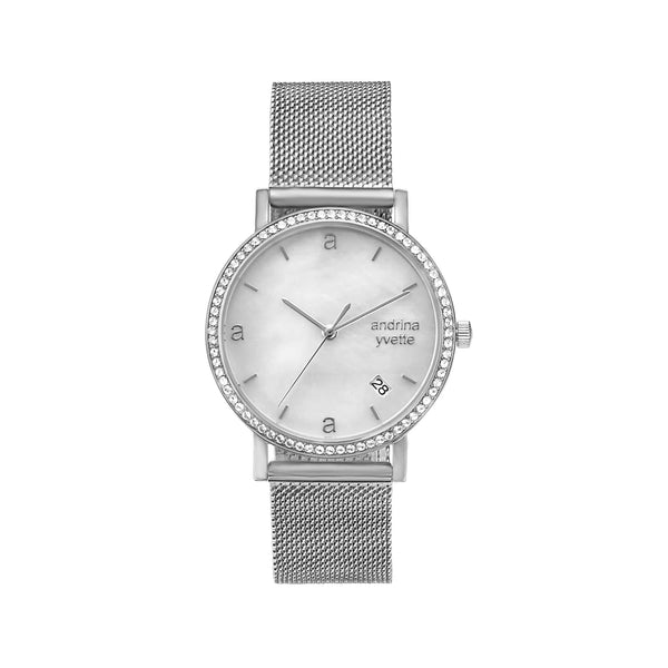Classic Mother of Pearl silver automatic timepiece on a silver mesh bracelet