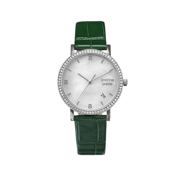 Mother of Pearl silver case on an emerald green genuine leather strap