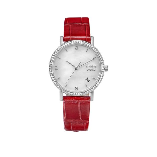 Mother of Pearl silver case on a ruby red genuine leather strap