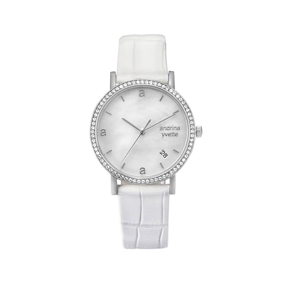 Mother of Pearl silver case on an ivory white genuine leather strap
