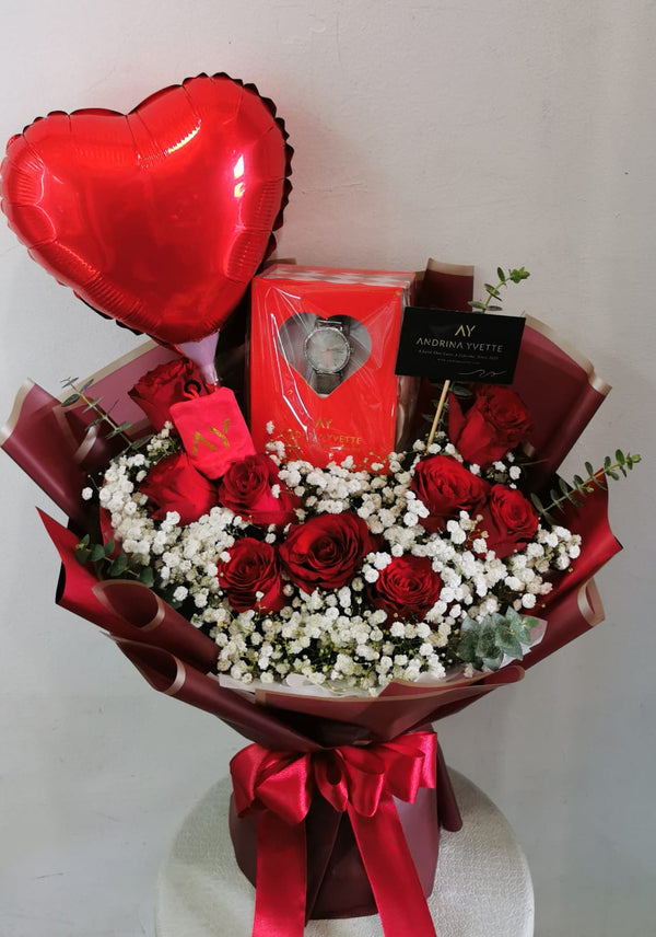 A bouquet of roses, offered as a gift add-on with an Andrina Yvette timepiece