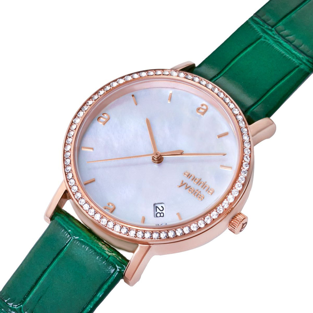 Classic Mother of Pearl Rose Gold  | Emerald Green Genuine Leather New Collection