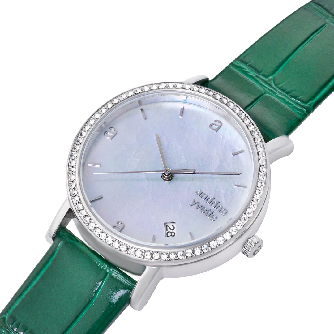 Classic Mother of Pearl Silver | Emerald Green Genuine Leather    New Collection