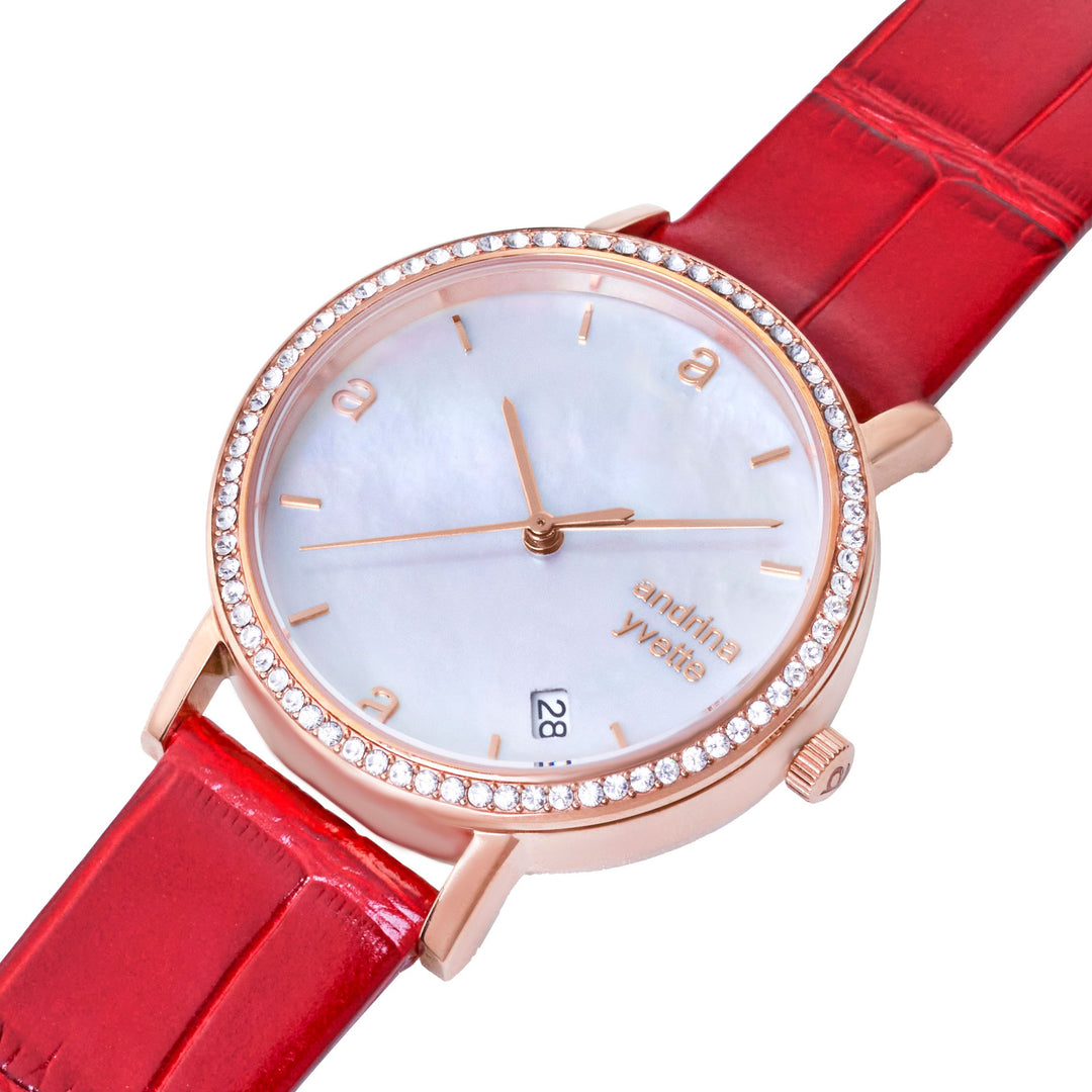 Classic Mother of Pearl Rose Gold | Ruby Red  Genuine Leather New Collection